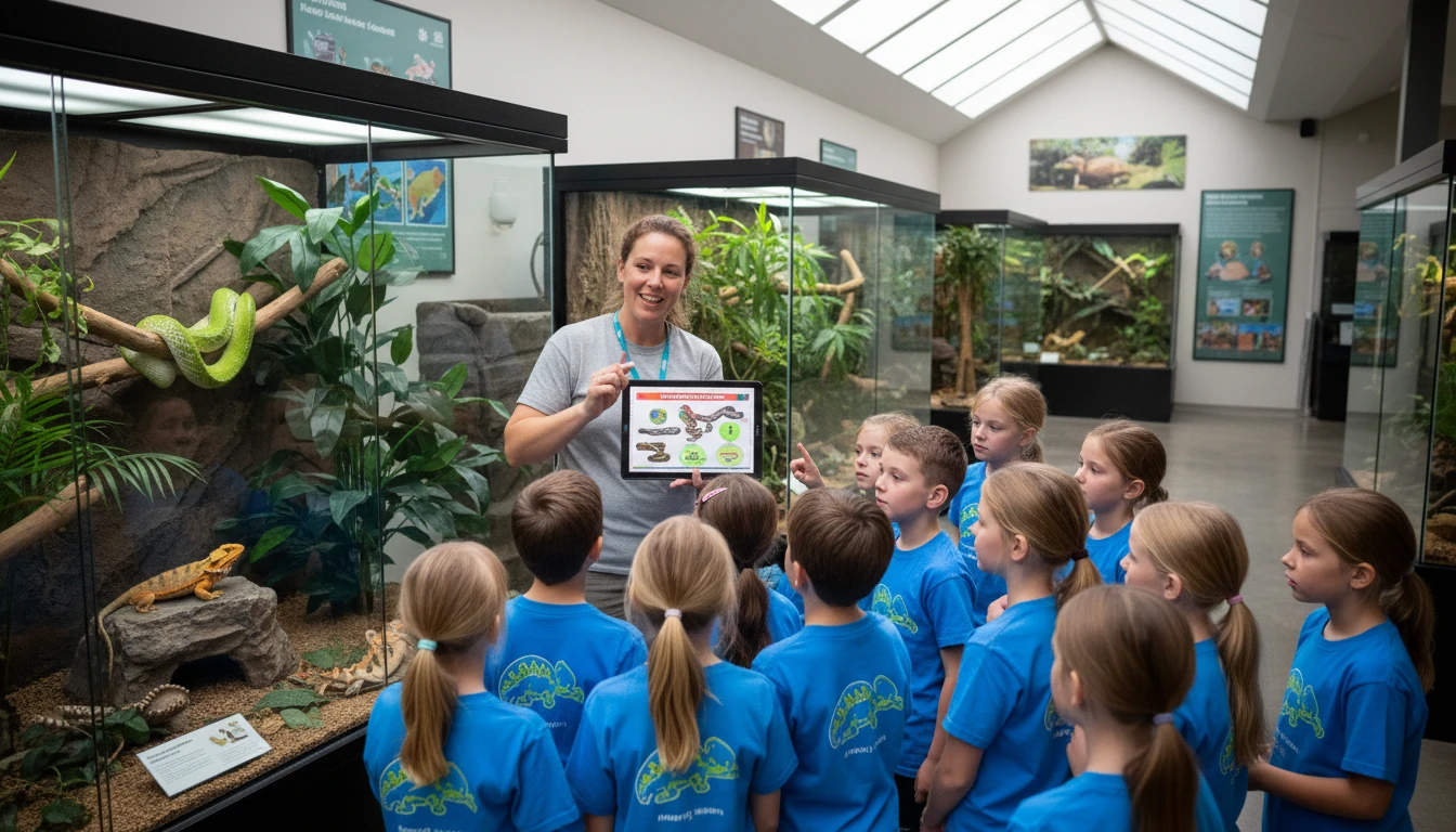 Zoo educator at a reptile exhibit showing species identification on a tablet to a group of school children