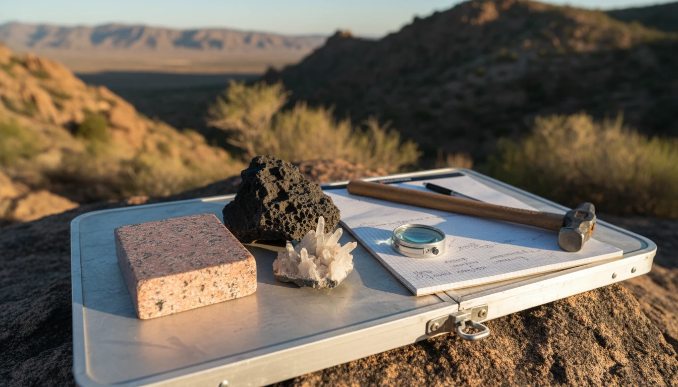 A collection of different rock specimens including granite, basalt, quartz, and sandstone arranged on a clean surface