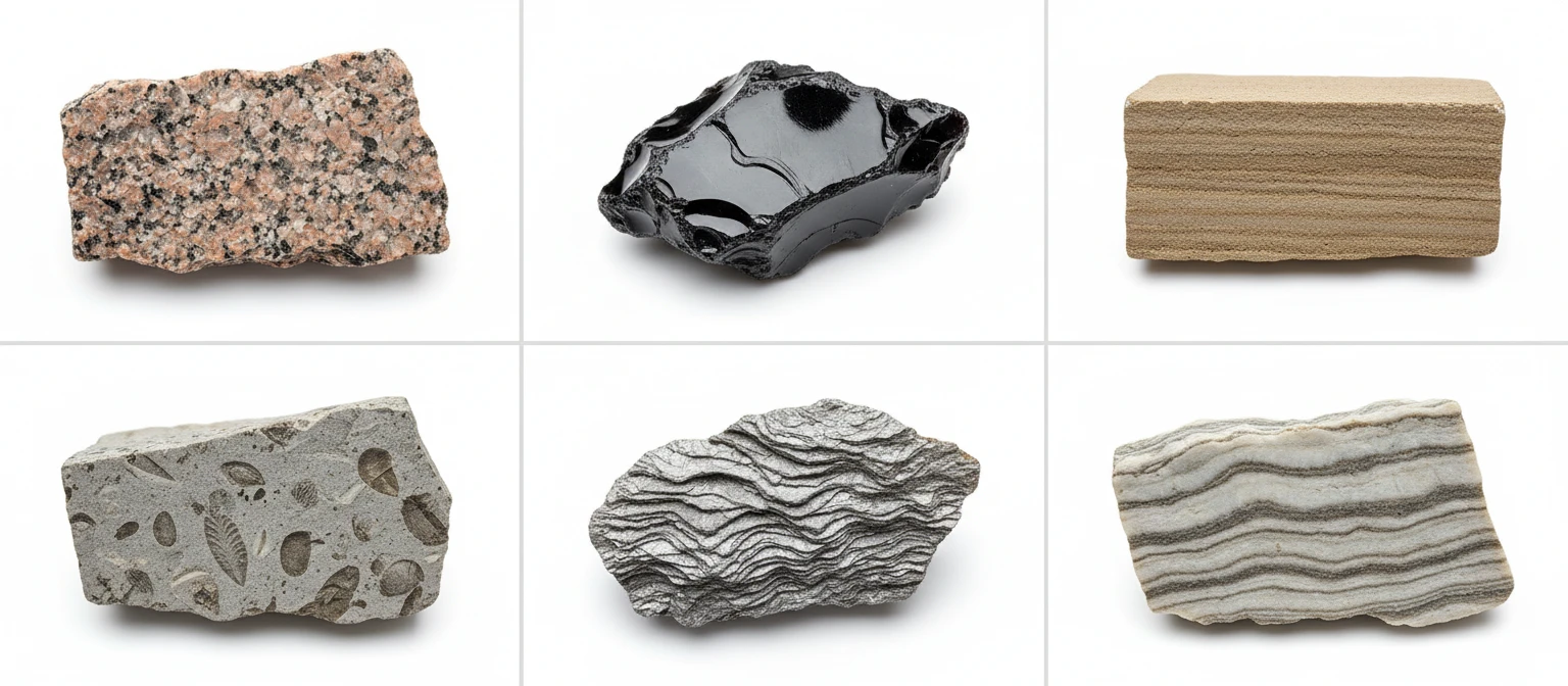 Wide photo collage of six rock specimens representing igneous, sedimentary, and metamorphic types on clean white backgrounds