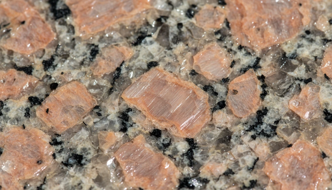 Close-up of a granite rock specimen showing large interlocking crystals of quartz, feldspar, and mica under clear lighting