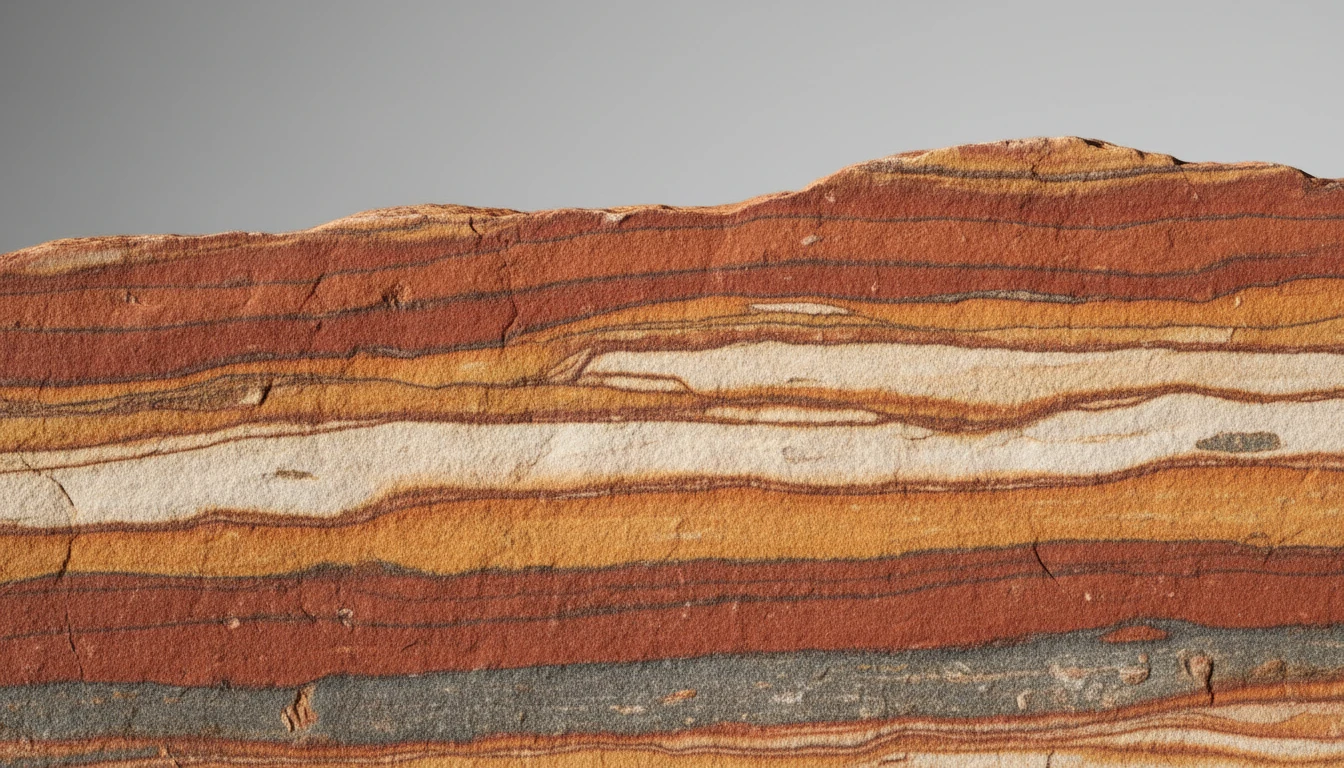 Cross-section view of a sedimentary rock showing distinct horizontal layers in different shades of red, orange, and cream