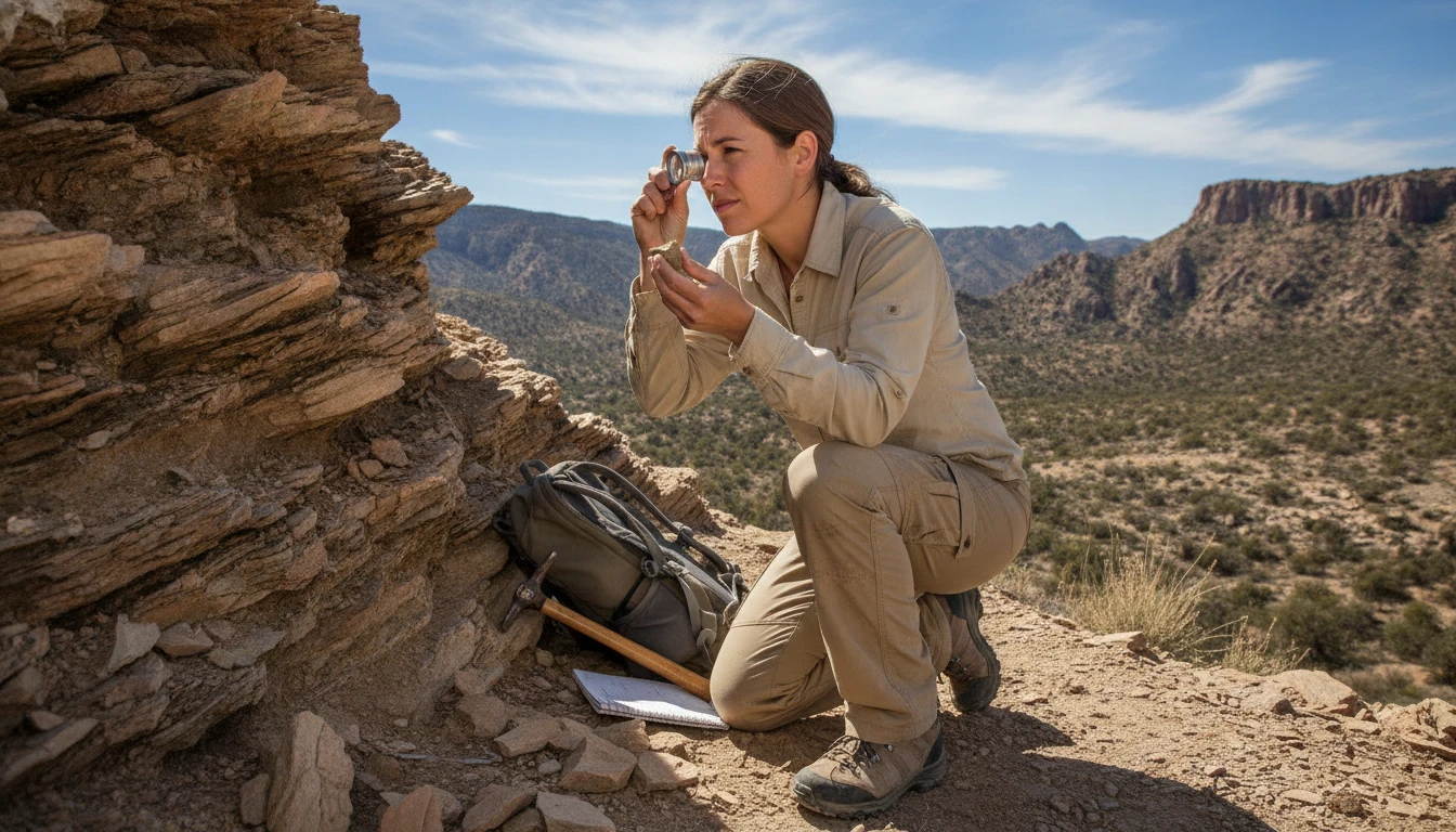 Geologist kneeling in a rocky outcrop examining rock specimens with a hand lens and geological hammer