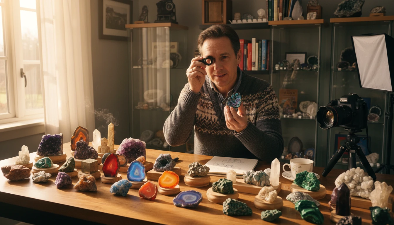 Rock collector sorting through a collection of interesting stone specimens on a table