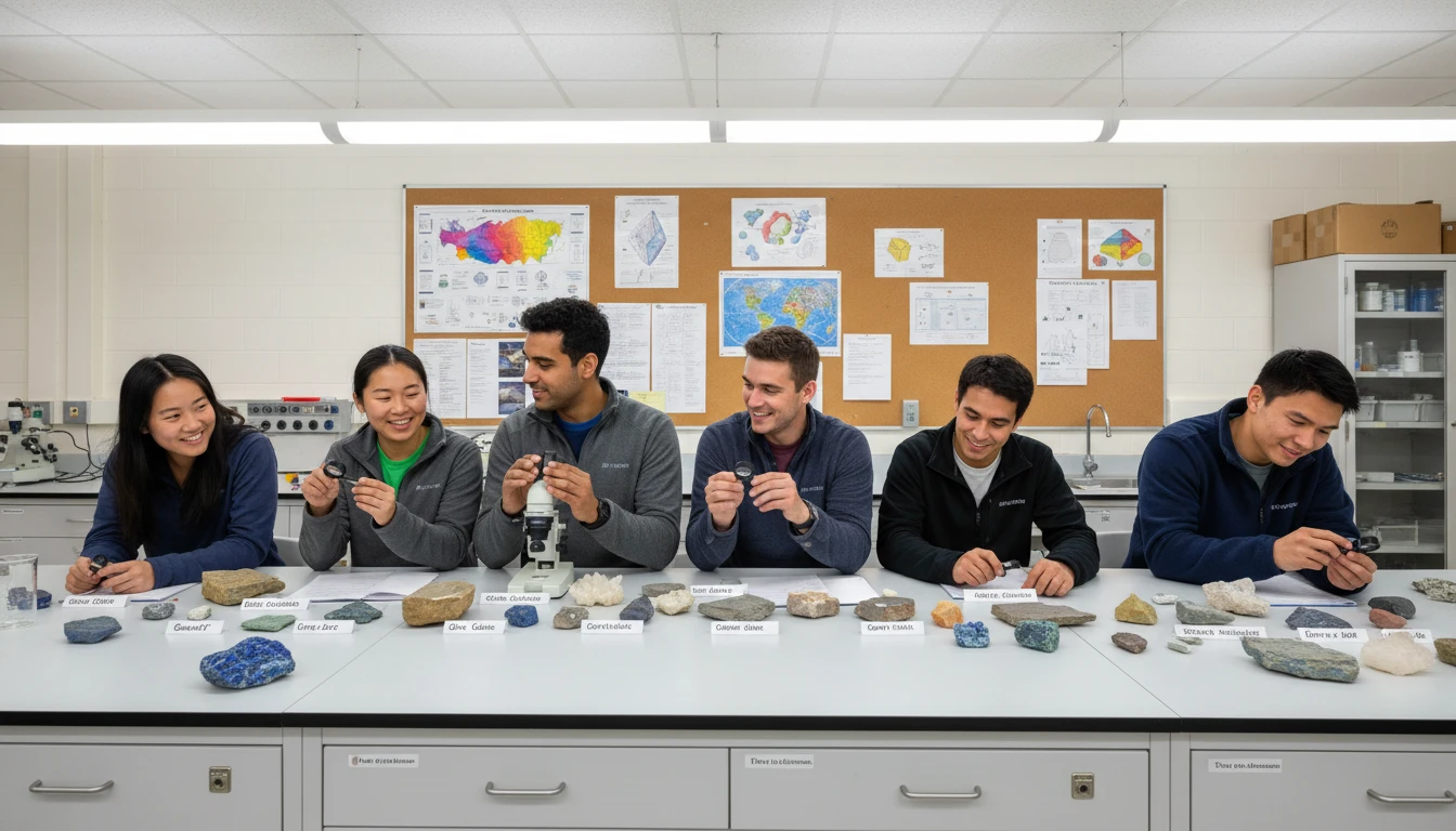 Geology students examining rock samples spread across a laboratory bench with reference charts on the wall