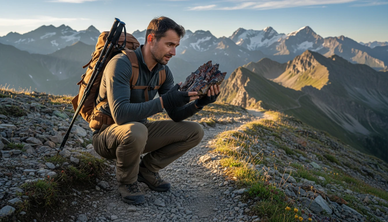 Hiker picking up an interesting rock on a mountain trail to examine it