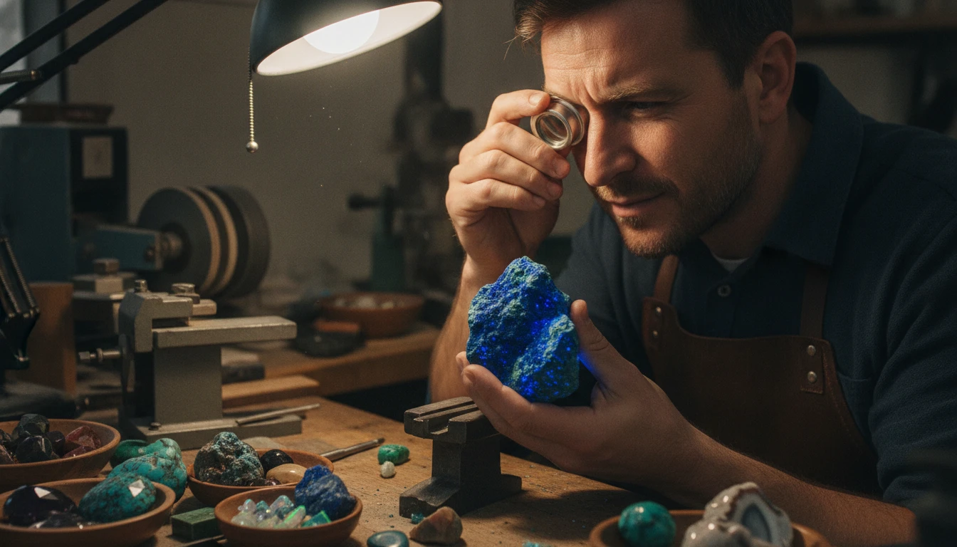 Lapidary artist examining a raw gemstone rough specimen under a loupe before cutting and polishing