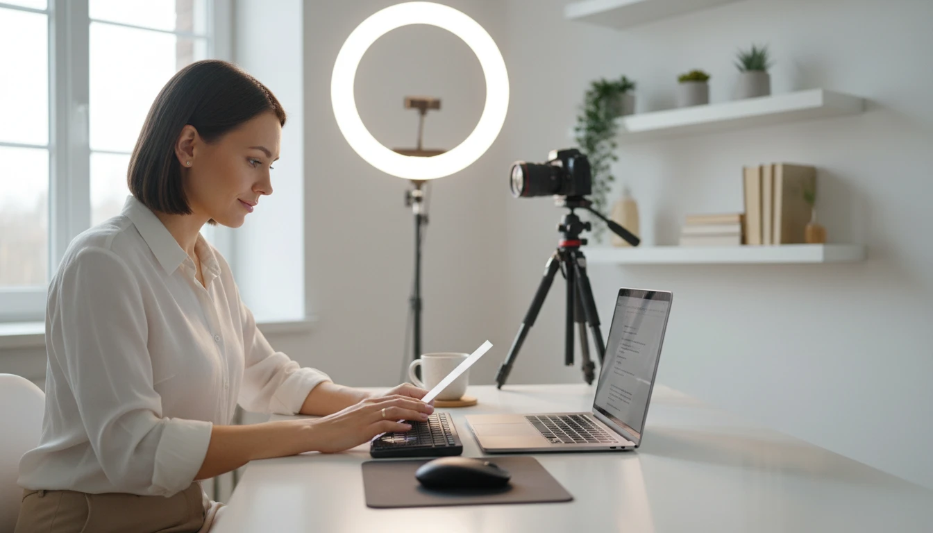 Content creator at a desk reading a completed script on a laptop before filming a video
