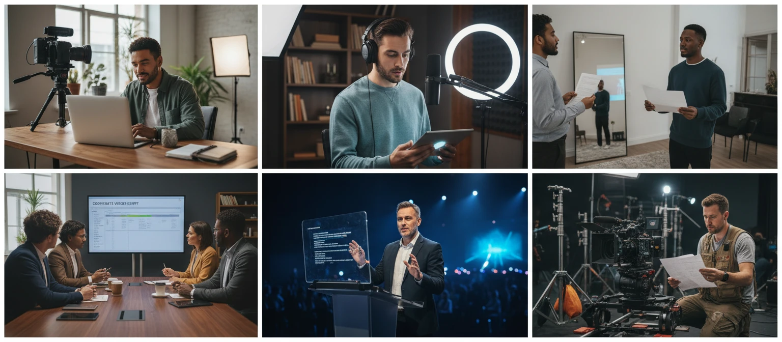 Wide editorial collage of creators, speakers, and podcasters working with scripts in studios, offices, and home workspaces
