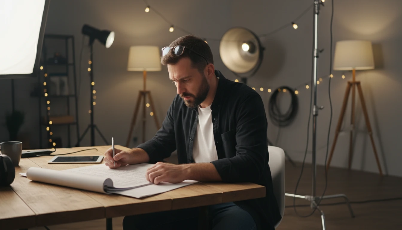 Videographer reviewing a complete script printout before a shoot in a production studio