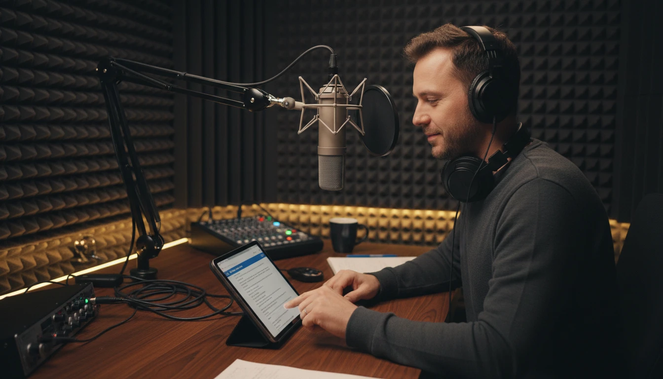 Podcast host at a microphone desk reviewing a podcast script on a tablet in a professional recording booth