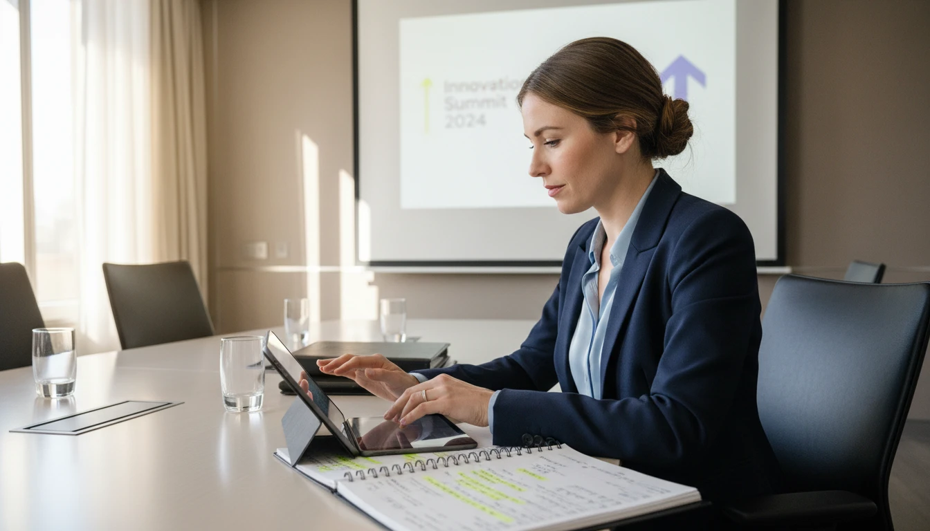 Speaker reviewing production notes on a tablet beside a full script printout before a presentation