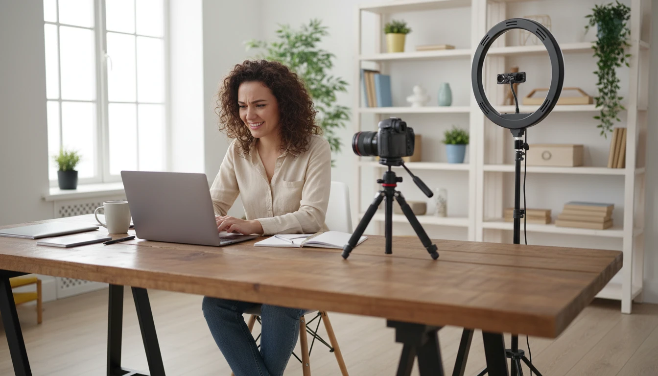 YouTube creator at a desk reading a generated script on a laptop before setting up a camera for filming