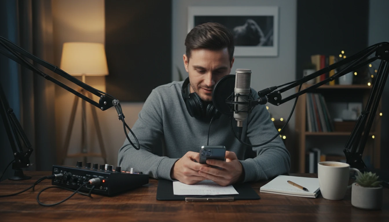Podcaster at a recording desk reviewing an episode script on a phone before starting a recording session