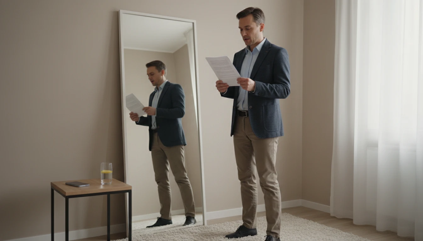 Speaker rehearsing a presentation script in front of a mirror in preparation for a conference talk
