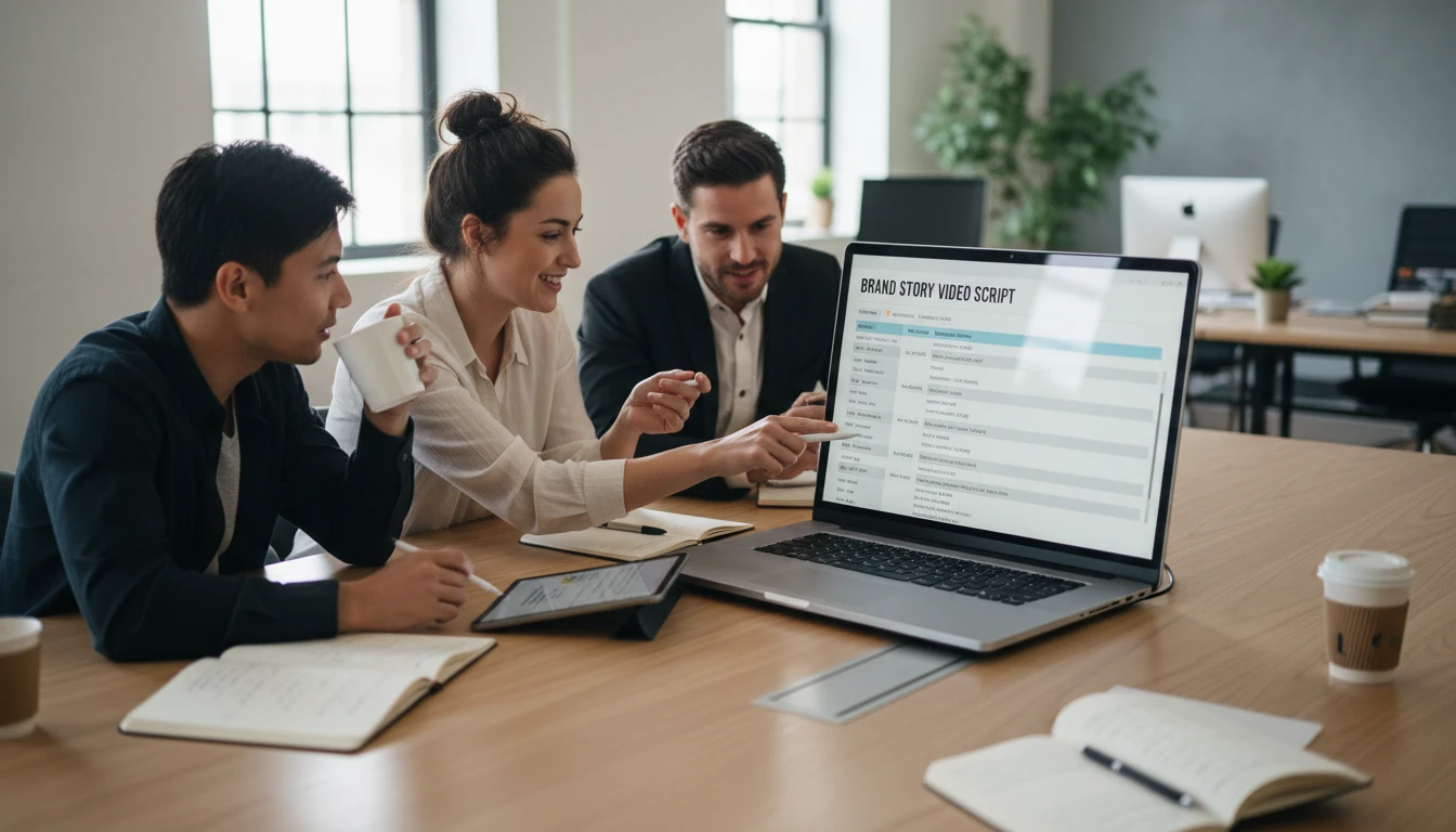 Marketing team reviewing a brand video script on a laptop around a conference table in a modern office
