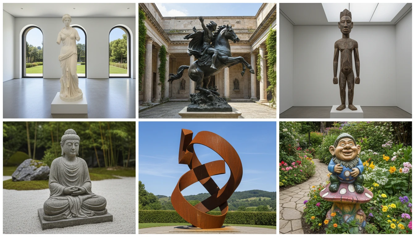 A collection of sculptures from different artistic styles and traditions arranged in a gallery