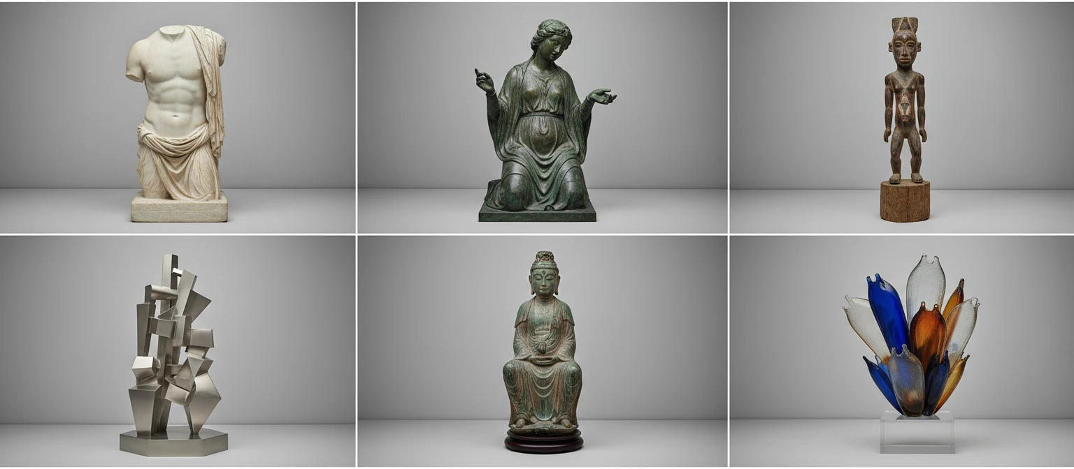 Wide photo collage of six sculptural traditions from different cultures and periods