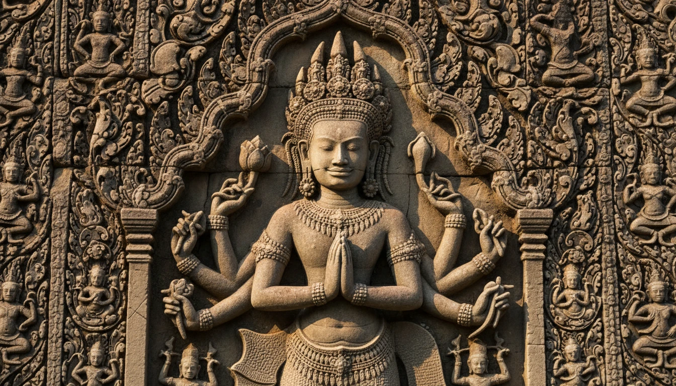 Buddhist temple relief sculpture showing intricate iconographic detail with deity figures and symbolic elements