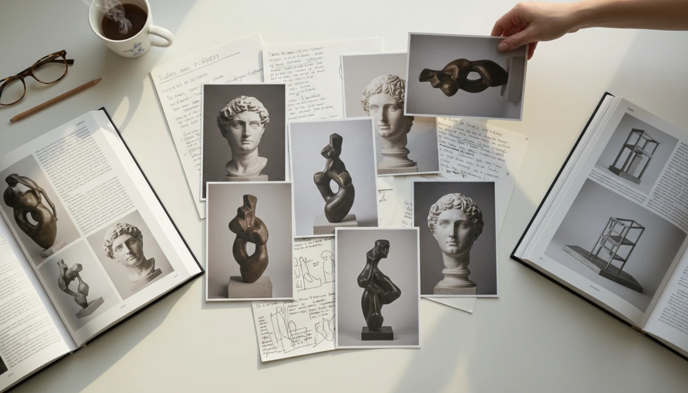 Gallery wall with printed reference photographs of sculptures in similar styles pinned alongside notes and comparisons