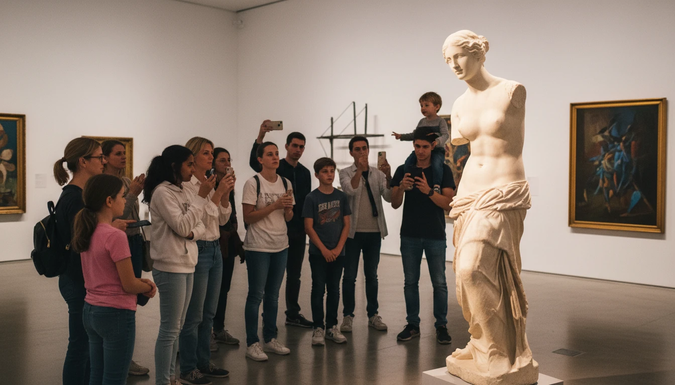 Digital artist or designer at a tablet surrounded by sculptural reference images and sketches