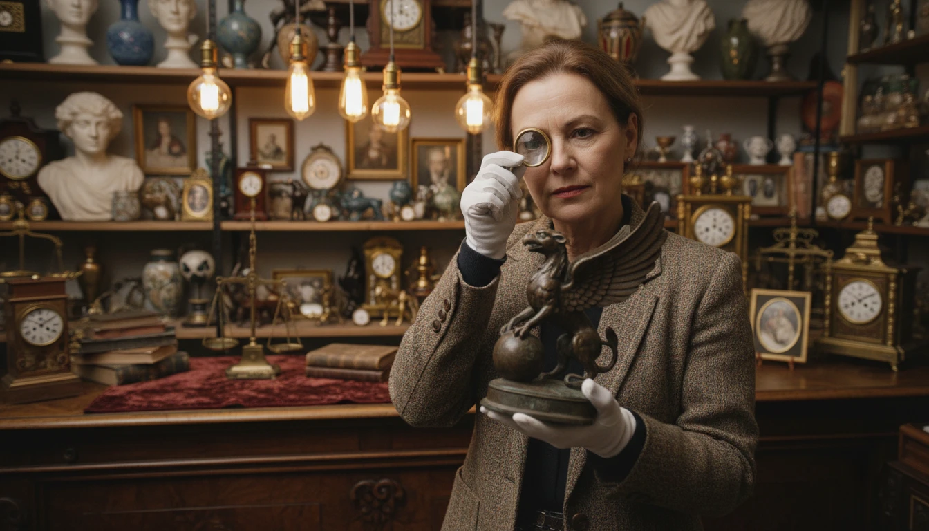 Antique dealer or collector examining a decorative bronze figurine closely in a shop