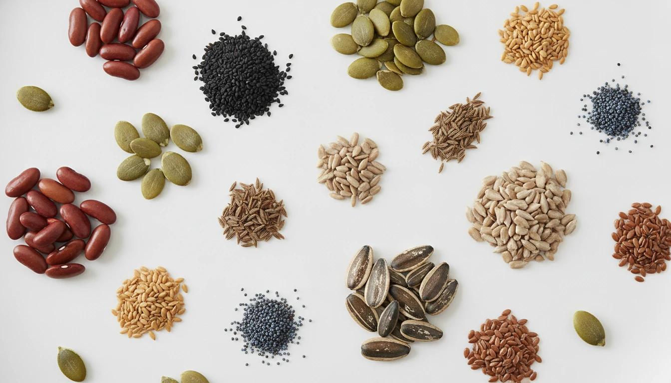 Flat lay of a variety of seeds on a white surface showing different shapes, sizes, and colours
