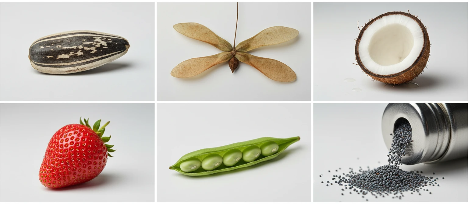 Wide photo collage of six seed types: a sunflower seed, a maple samara winged seed, a coconut, a strawberry with surface seeds, a bean pod, and tiny poppy seeds