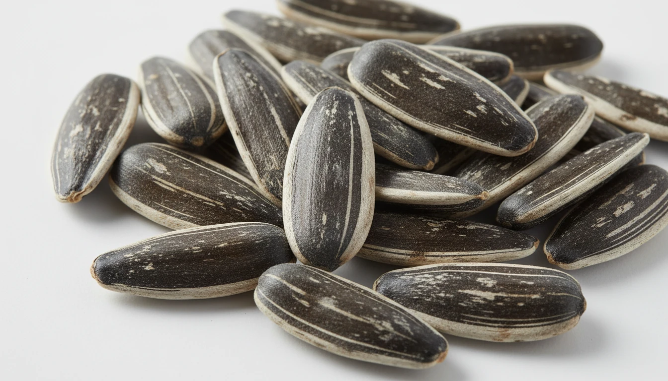 Close-up macro photograph of a collection of sunflower seeds showing their distinctive striped grey and black patterns