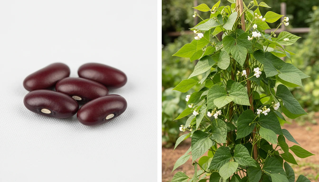 Side-by-side photo of bean seeds and the mature bean plant in flower showing the connection between seed and plant