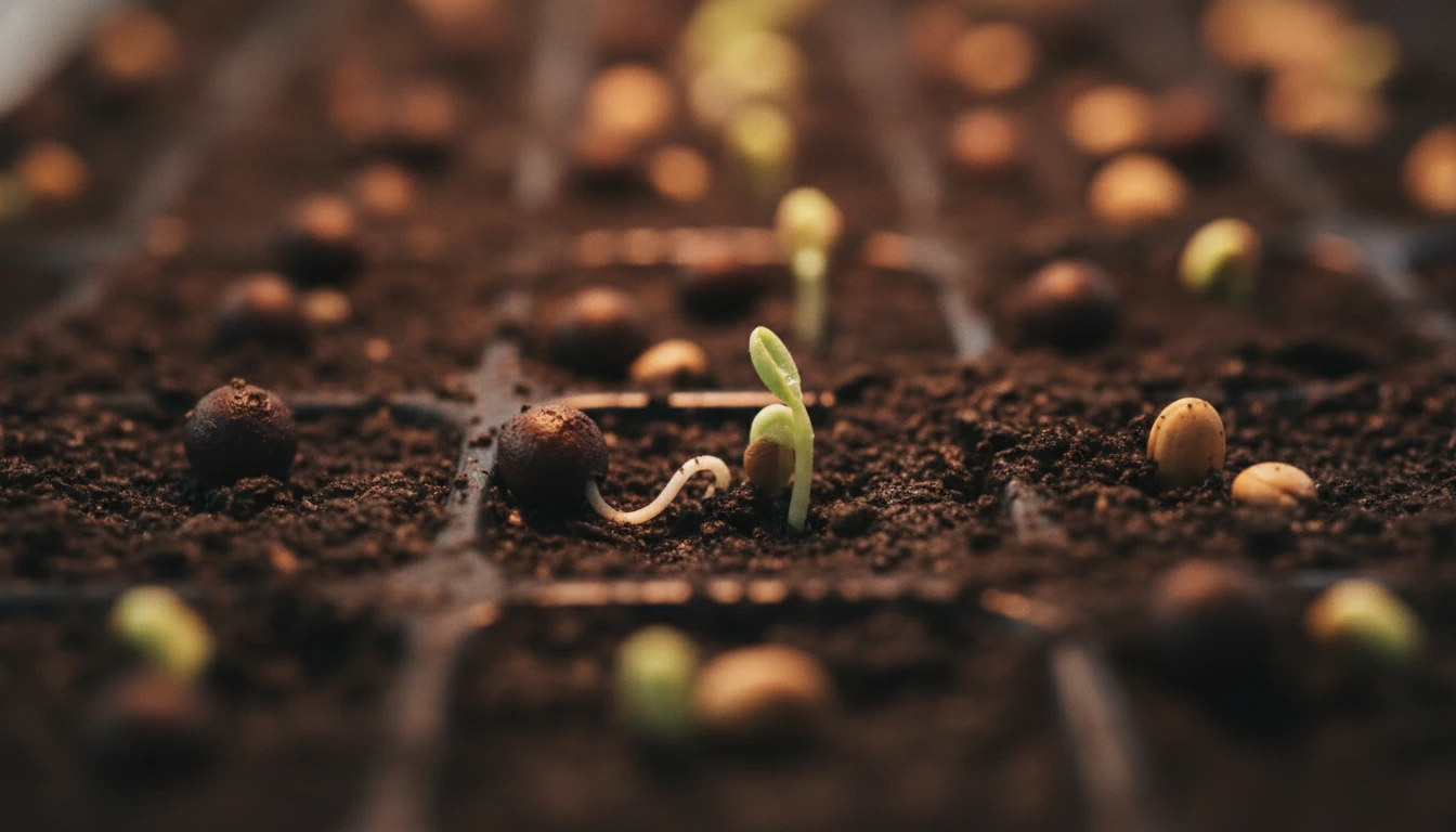 Seeds germinating in a seed tray with small green seedlings emerging from dark compost under a grow light