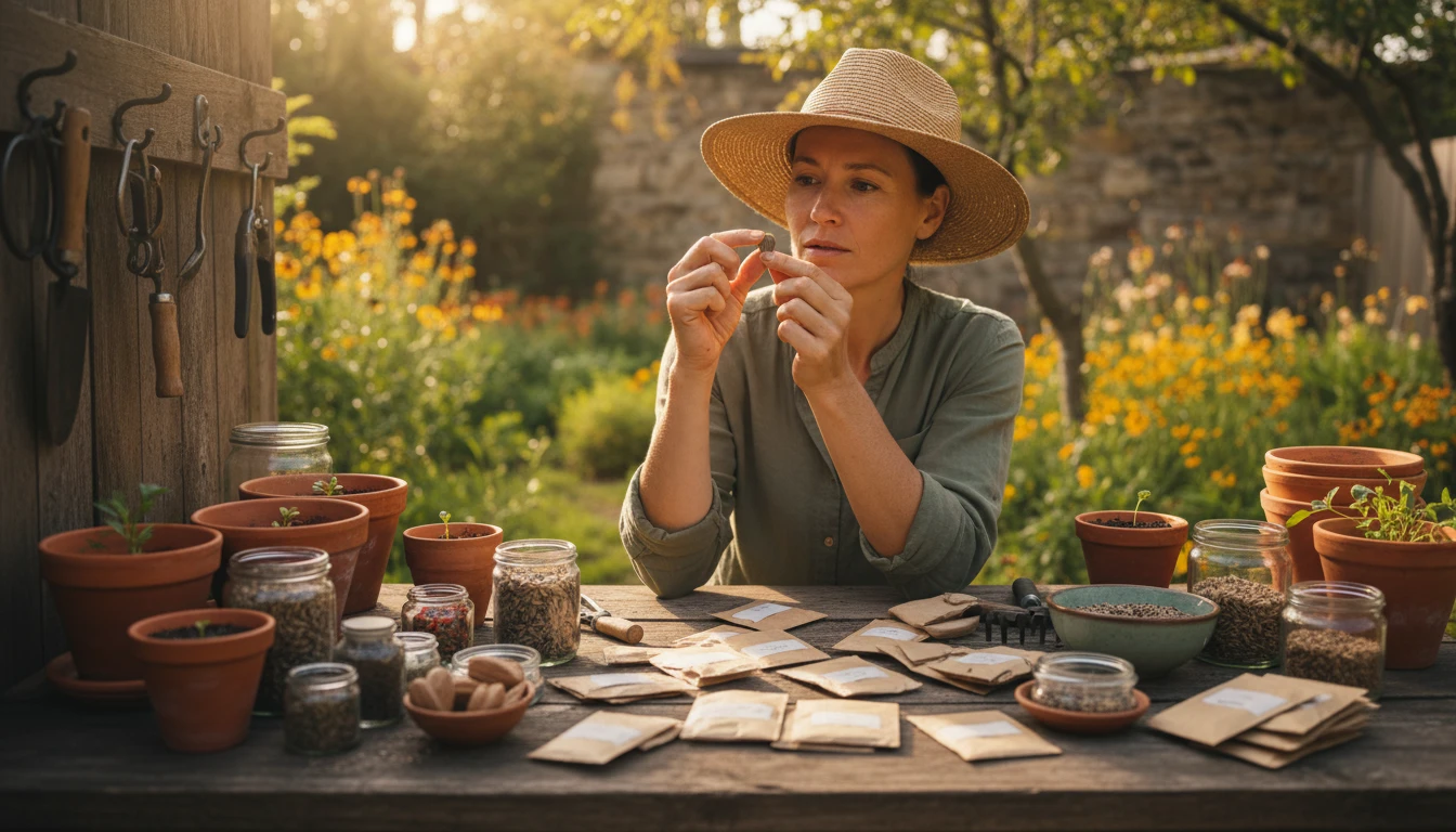 Home gardener sorting through a collection of unlabelled seed packets at a potting bench