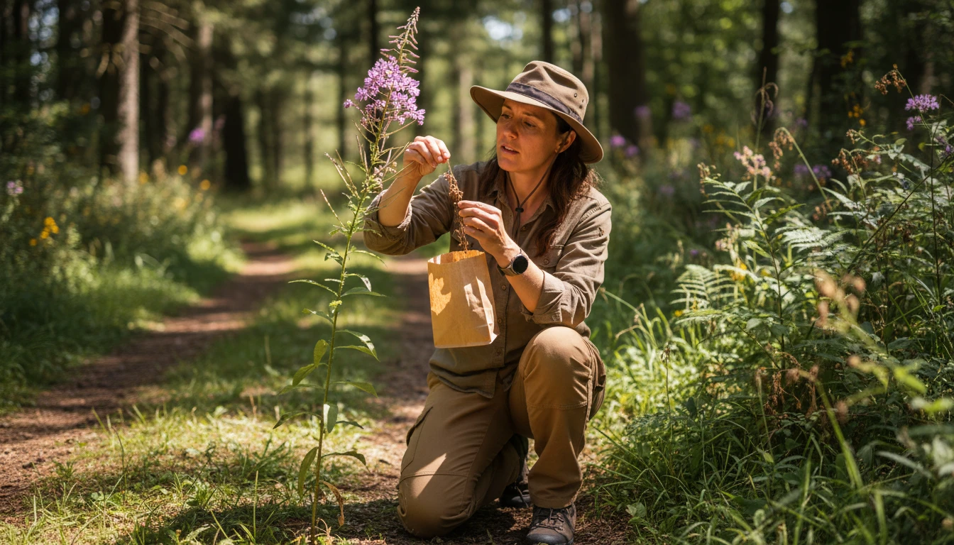 Forager crouching to collect seeds from a wildflower beside a forest path