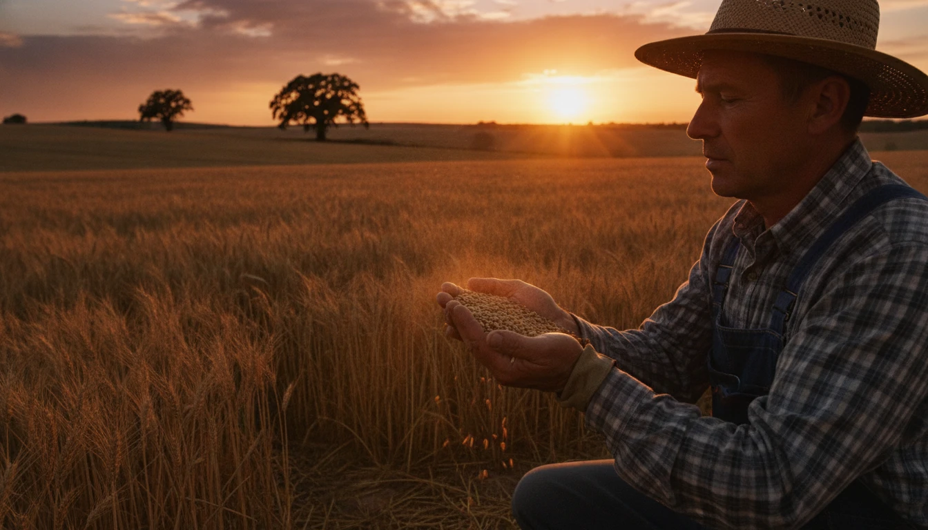 Farmer examining a handful of grain seeds in a field with a crop growing in the background