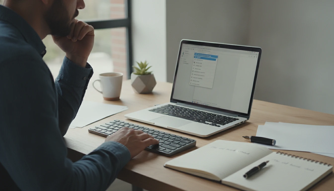 Writer at a desk completing a sentence on a laptop, looking at multiple completion options on screen