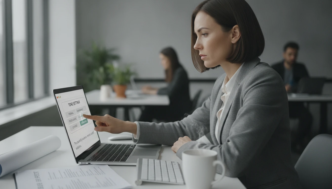 Communications professional at a desk selecting tone settings before completing a sentence for a business report