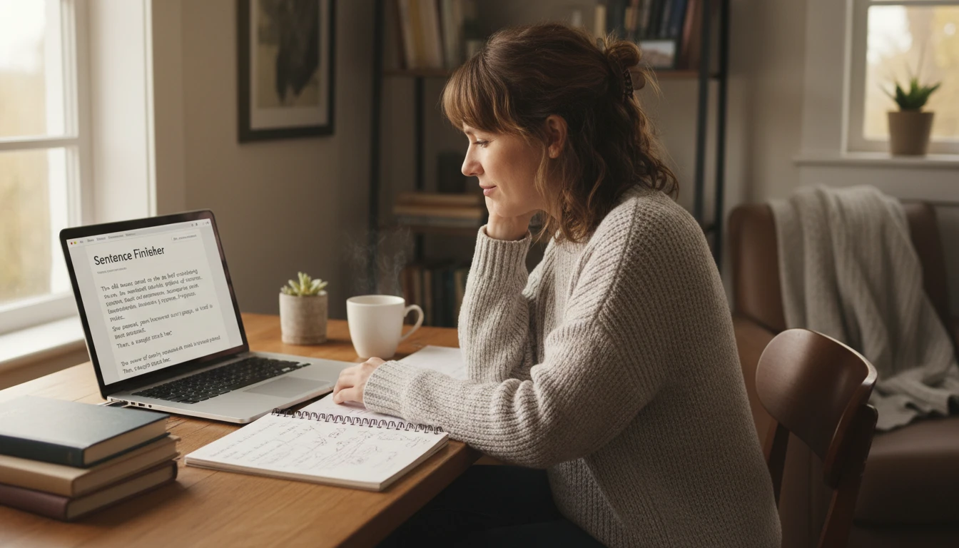 Writer at a desk using the sentence finisher to overcome a block mid-paragraph on a laptop