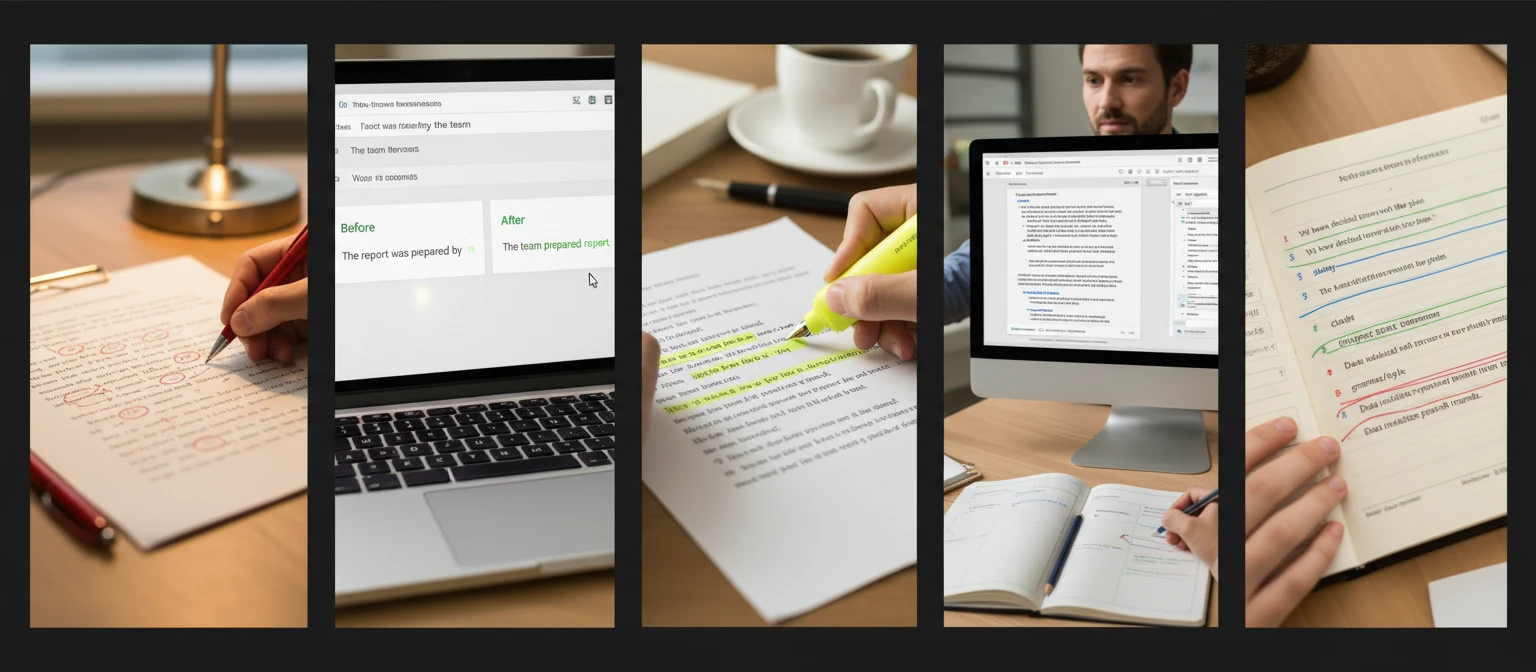 Wide editorial collage of editors, writers, and students working on sentence-level text editing in various professional settings