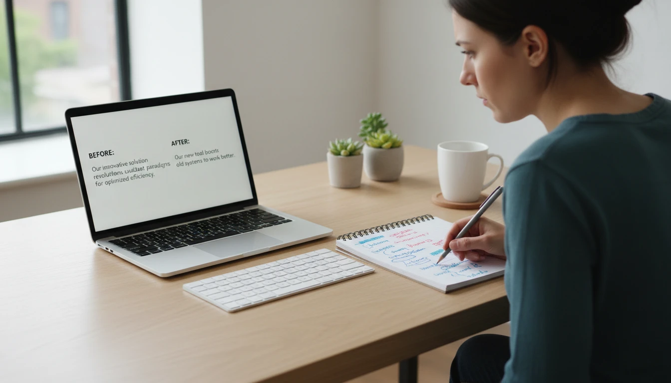 Content writer at a desk reviewing a before-and-after sentence comparison on a laptop with a notebook