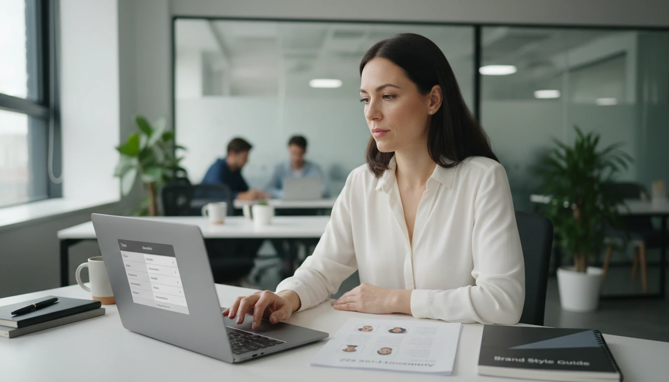 Communications professional at a desk selecting tone and audience settings for a text rewrite on a laptop