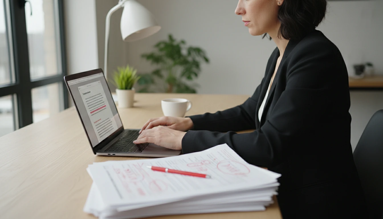 Content editor at a desk rewriting a passage of text sentence by sentence on a laptop