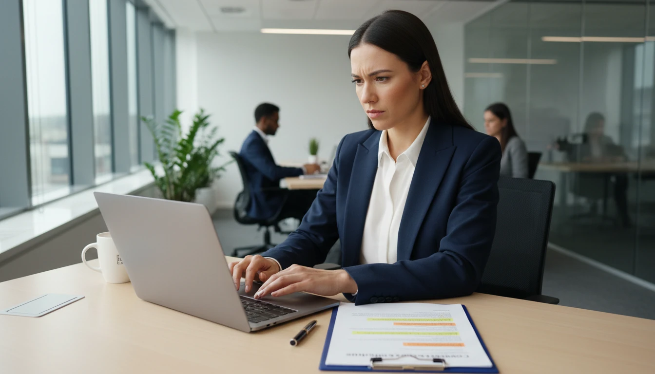 Business professional at a desk rewriting a corporate report passage on a laptop using the sentence rewriter