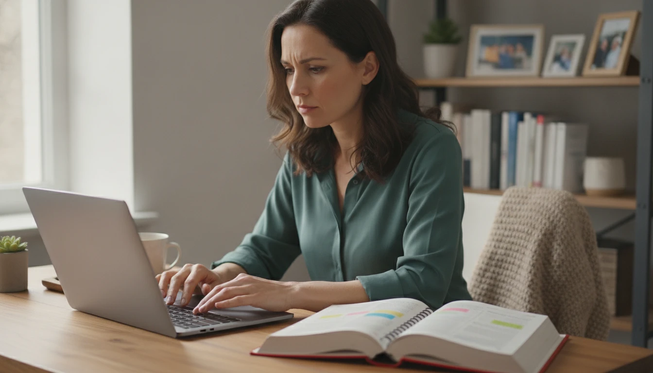 Professional at a desk rewriting English text sentence by sentence for natural flow using a laptop