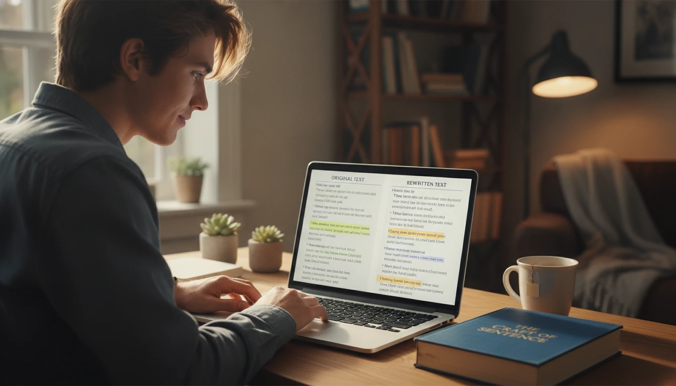 Student at a desk studying the sentence-by-sentence comparison between original and rewritten text on a laptop