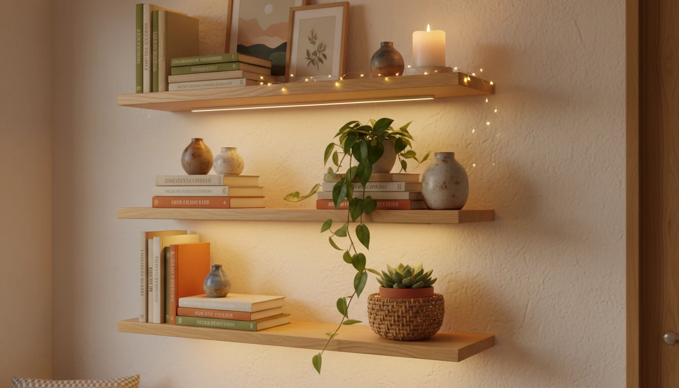 Beautifully styled floating shelves in a warm living room with books, ceramics, plants, and candles arranged with professional composition