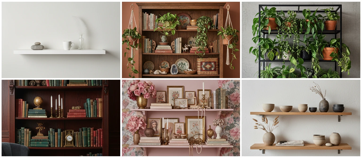 Wide photo collage of six shelf styling aesthetics: minimalist white shelf, warm bohemian bookcase, urban jungle plant shelf, library study shelf, romantic maximalist shelf, and Japandi ceramic shelf