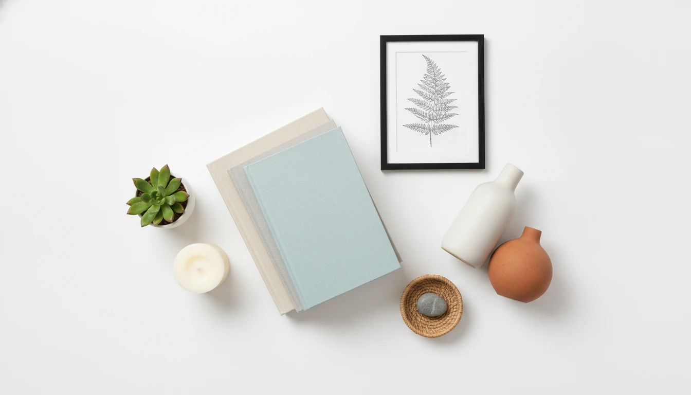 Flat lay of shelf styling objects: books, ceramic vessels, small plants in pots, candles, and a woven basket arranged on a white surface