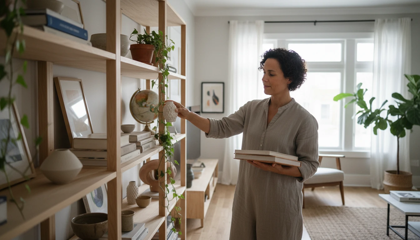 Person styling a bookshelf with plants and ceramics, making thoughtful placement decisions