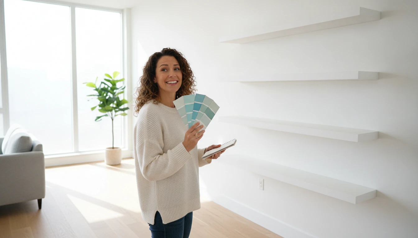 Person standing in front of empty floating shelves in a new apartment with paint swatches in hand