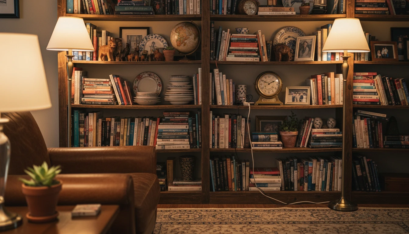 Cluttered bookshelf with too many items and no clear composition before a restyling session