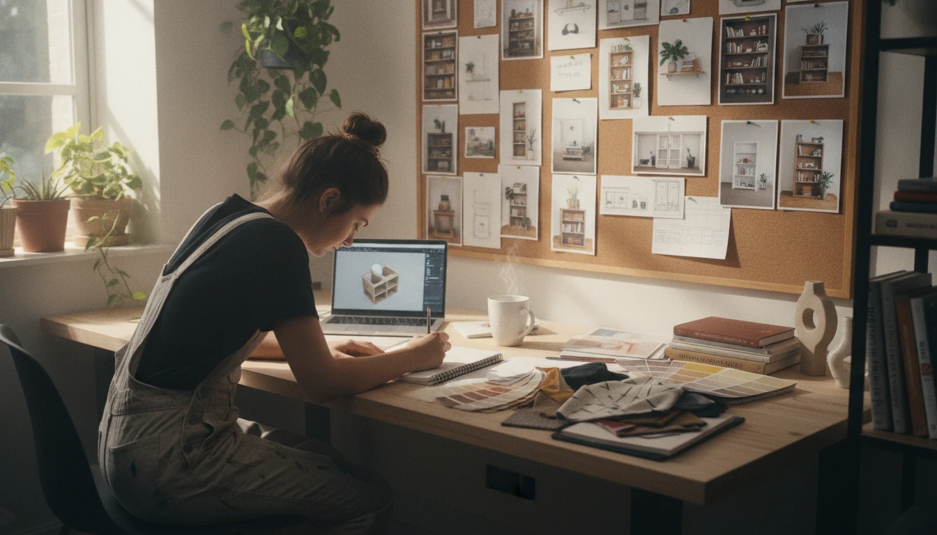 Interior design student sketching shelf arrangement ideas on a notepad with reference photos pinned to a mood board beside them